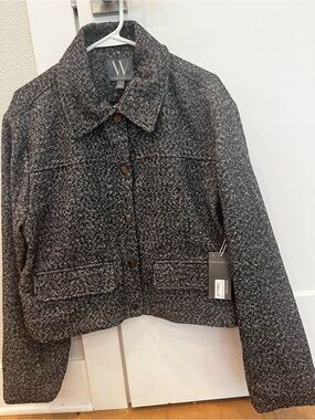 NWT Worthington Women's L Grey Black Tweed Snap-Front Cropped Jacket